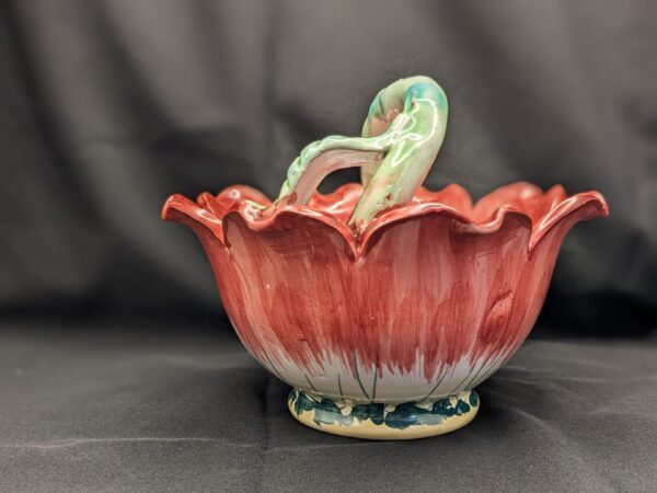 Italian Art Pottery Pink Lily Basket, Mid-Century Handle