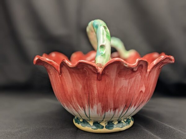 Italian Art Pottery, Pink Lily Basket, Vine Handle