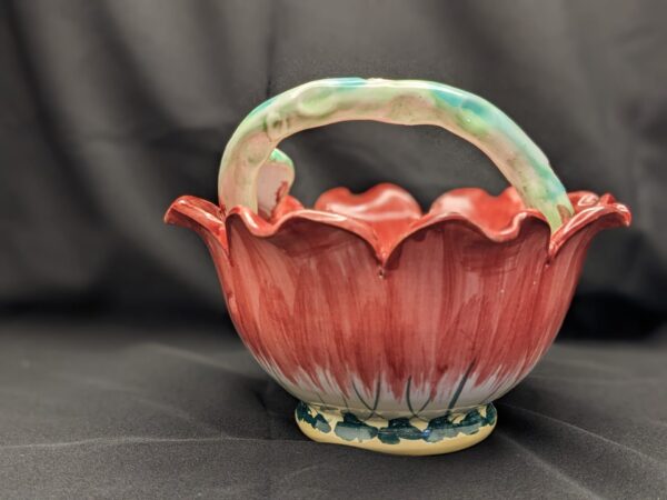 Italian Vintage Art Pottery Flower Basket with Pink Lily & Vine Handle