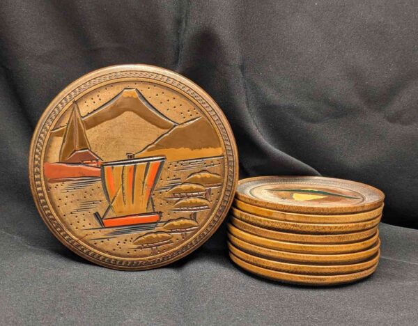 Mt Fuji Carved Wood Coasters Set of 8