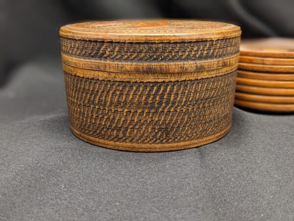 Set of 8 hand-carved Mt Fuji wood coasters, painted in 1950s Japanese style