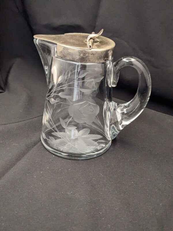 Heisey crystal pitcher, Irving White Rose pattern, with original metal lid