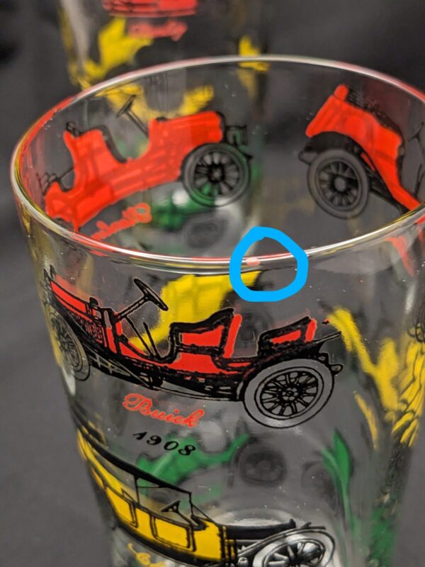 Vintage Jeanette Glass tumblers, antique car designs, red/black, 10 oz set of 4