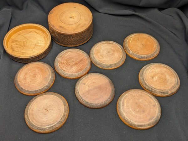 Mt. Fuji Carved & Painted Wood Coasters (8). Vintage Japan (1950s)