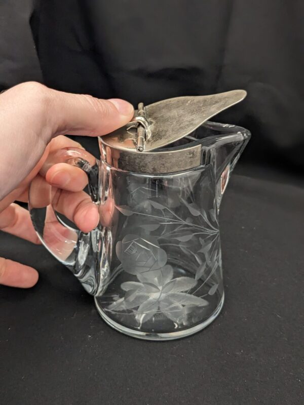 Antique Crystal Heisey Syrup Pitcher with Irving White Rose Etching & Original Lid