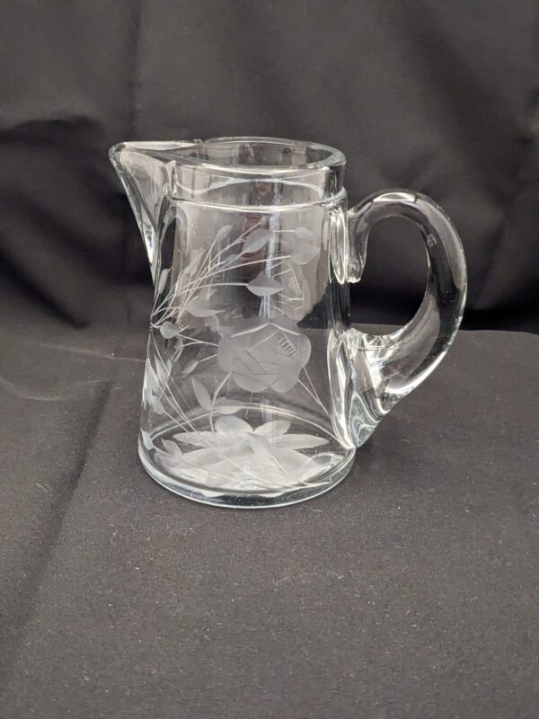 Vintage Heisey crystal syrup pitcher, Irving White Rose motif, original lid