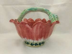 Vintage Italian Pottery Basket with Pink Lily & Vine Handle