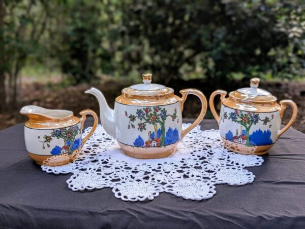 Vintage Lusterware Tea Set - Orange, Blue, Pink. Handpainted by Tashiro, Japan