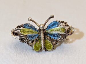 Art Nouveau Butterfly Brooch: Blue Enamel, Silver Filigree