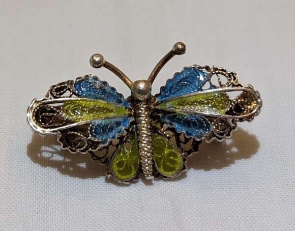 Art Nouveau Butterfly Brooch Blue Enamel Silver Filigree