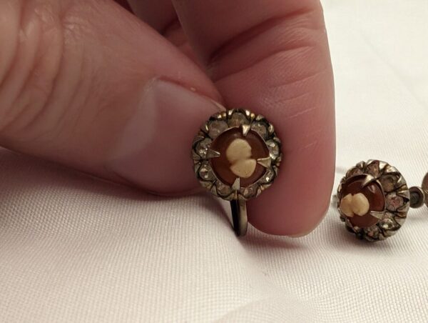 Vintage 1940s Cameo Earrings - Gold with Rhinestones