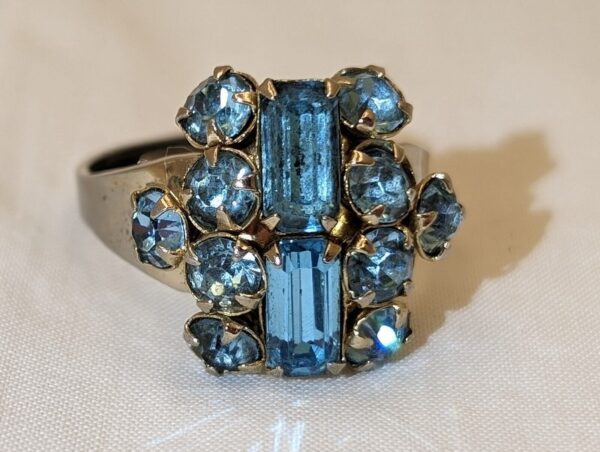 Vintage MCM Sterling Silver Blue Rhinestone Cocktail Ring - Marked, Adjustable