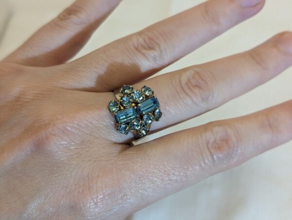 Vintage MCM Sterling Silver Cocktail Ring: Blue Rhinestones, Adjustable