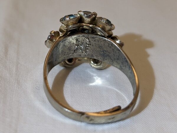 Vintage MCM Sterling Silver Cocktail Ring with Blue Rhinestone & Heart Charm