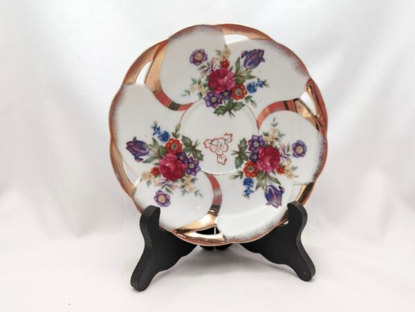 1950s Lusterware Teacup & Saucer Set - Roses, Irises, Gold Trim