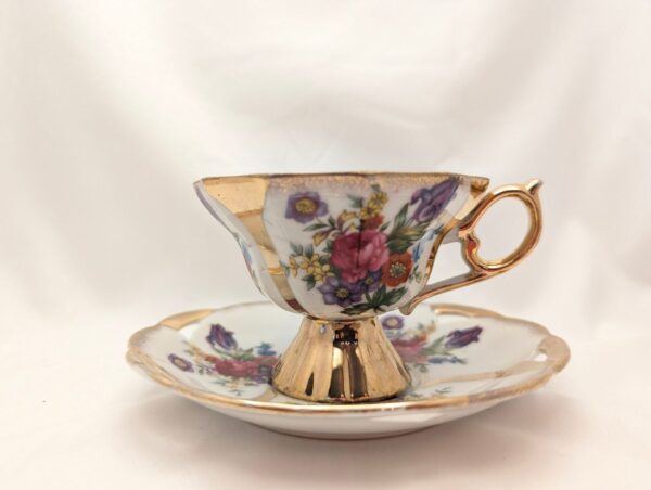 Vintage Lusterware Teacup & Saucer Set: Roses, Irises, Gold Trim