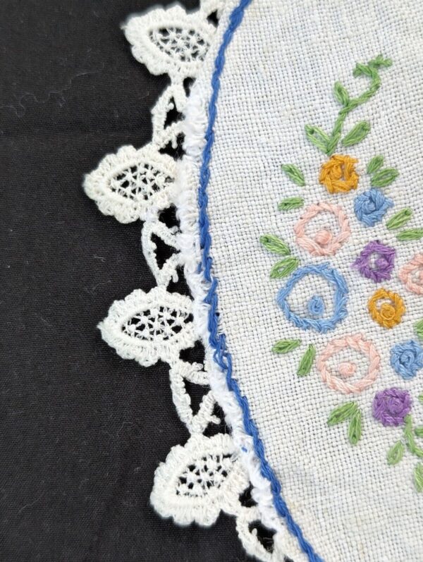 Vintage table runner & doily, embroidered floral design in blue, pink, yellow