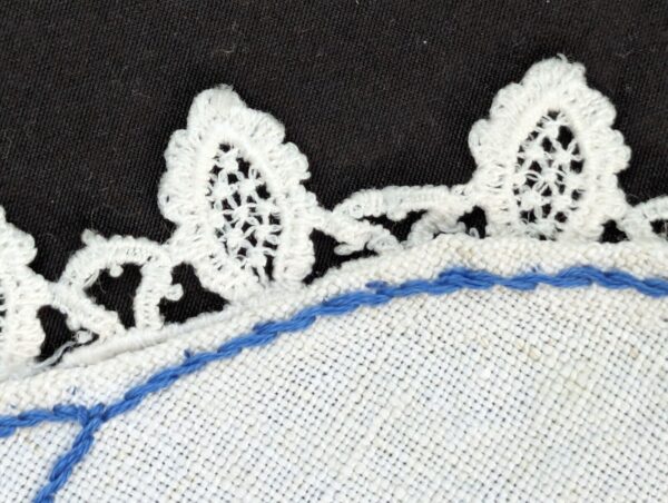 Vintage Table Runner & Doily Set: Black & White Bold Embroidery Flower Design