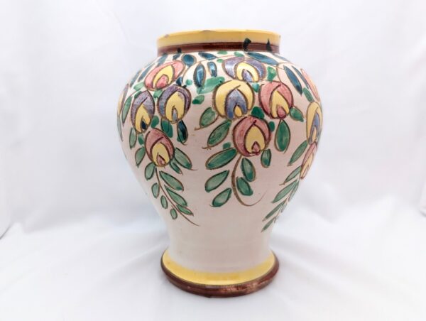 Boho MCM vase: Rustic Italian pottery with sgraffito art, handpainted flowers on white body, yellow rim