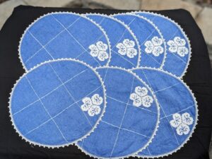 Vintage Blue Linen Floral Placemats (Set of 7)