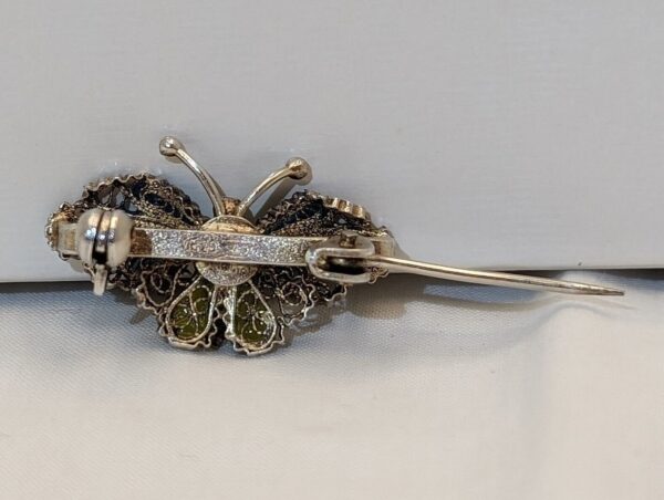 Art Nouveau Blue Enamel Butterfly Brooch on Silver Filigree Pin