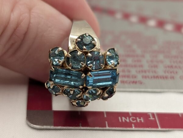 Vintage MCM sterling silver cocktail ring with blue rhinestones