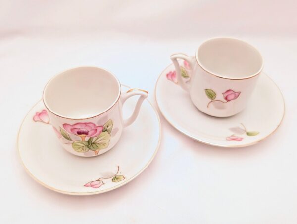 Two Handpainted Rose Demitasse Cups & Saucers, Made in Occupied Japan Set