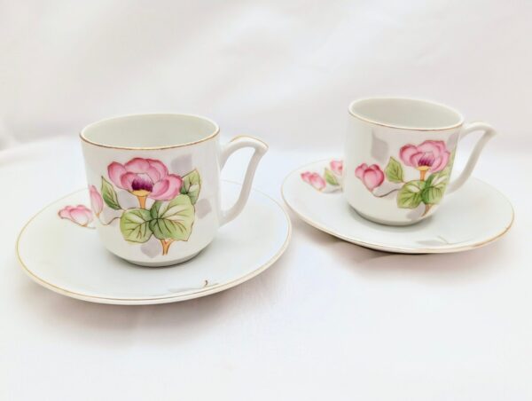 Handpainted Rose Demitasse Cups & Saucers (Set of 2) - Made in Occupied Japan