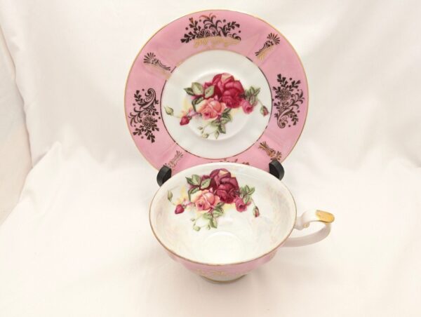 Pink Lusterware Teacup & Saucer Set with Rose Pattern