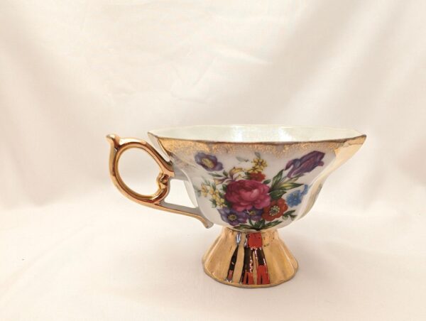 1950s Lusterware Teacup & Saucer Set: Roses, Irises, Gold Trim