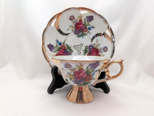 Vintage Lusterware Teacup & Saucer Set - 3 Paneled Footed Cup, Loop Handle, Reticulated Plate