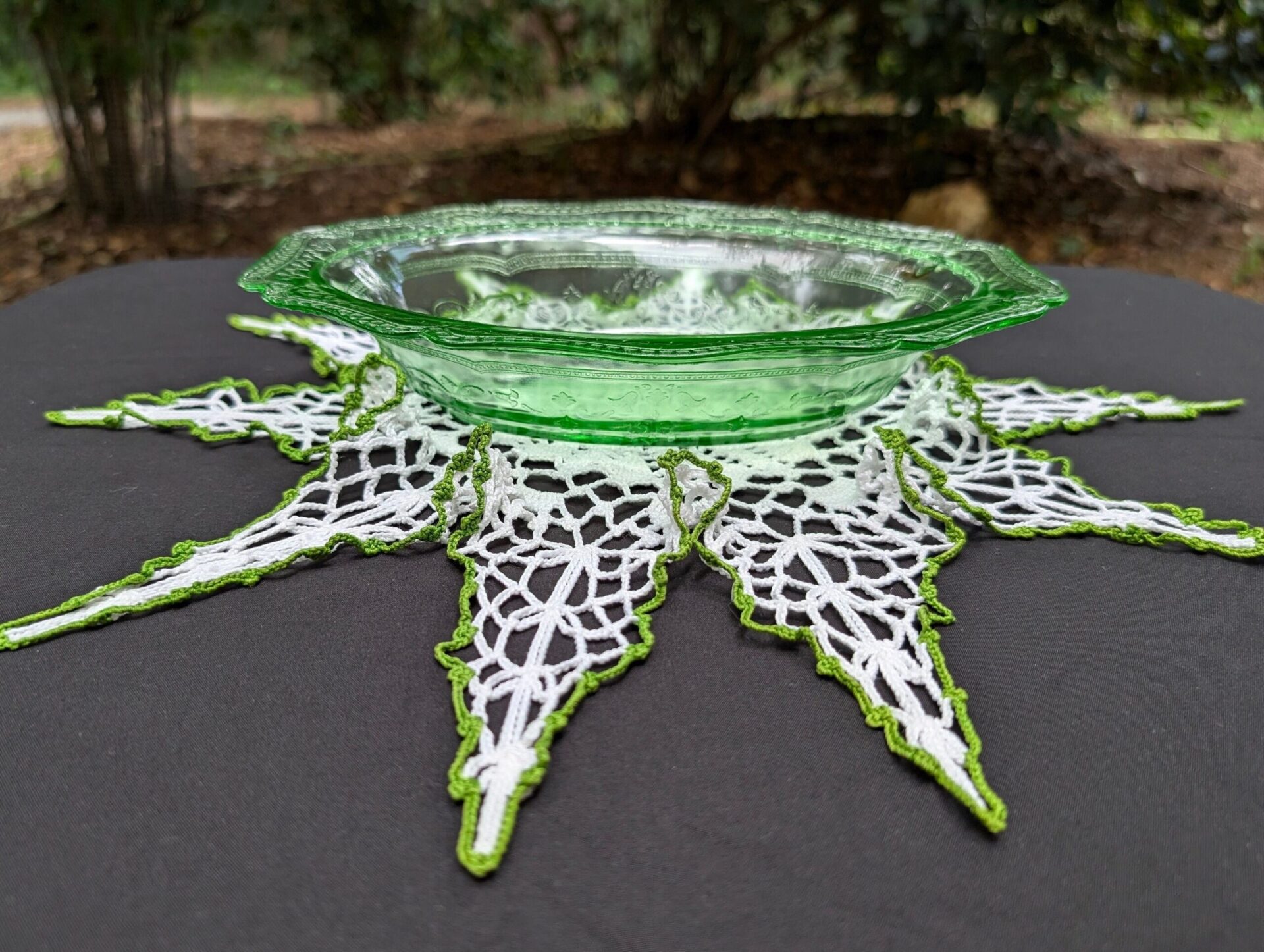 Handmade Ruffled Crochet Lace Table Centerpiece with Green Accent