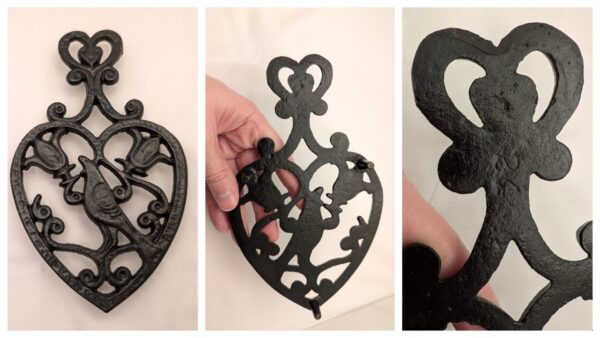 Three cast iron trivets: vintage, footed, in use and close-up