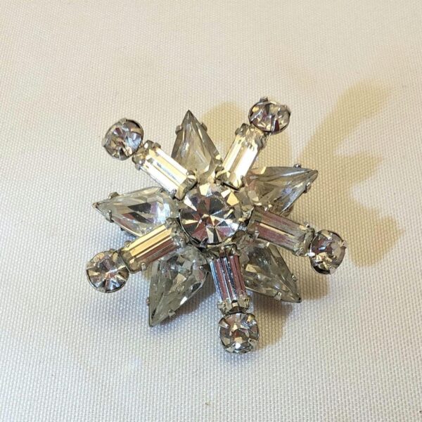 Vintage 1950s Snowflake Starburst Rhinestone Brooch, Unmarked MCM Costume Jewelry