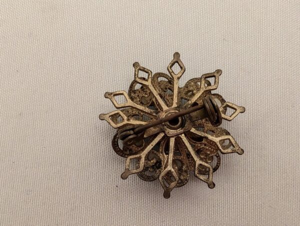 Vintage Mid-Century Brooch: Floral Starburst with Blue Rhinestones & Brass Filigree