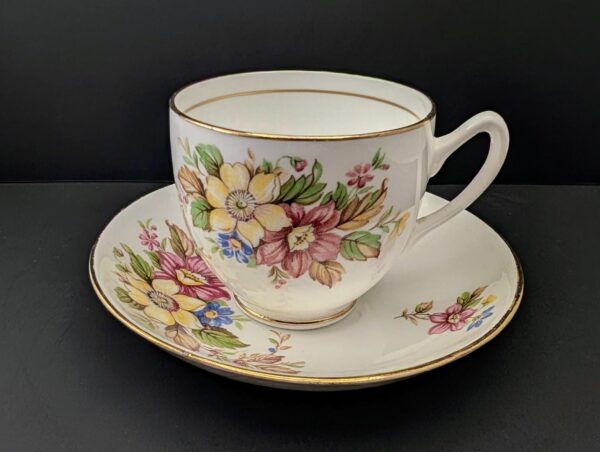 Duchess Bone China Teacup & Saucer Set with Floral Pattern & Gilt Trim - Made in England