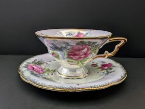 Vintage 1950s Violet Rose Teacup & Saucer - Japanese Lusterware with Gold Trim