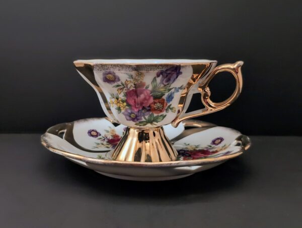 1950s Lusterware Teacup & Saucer Set: Roses, Irises, Gold Trim; Footed Cup, Loop Handle, Reticulated Plate