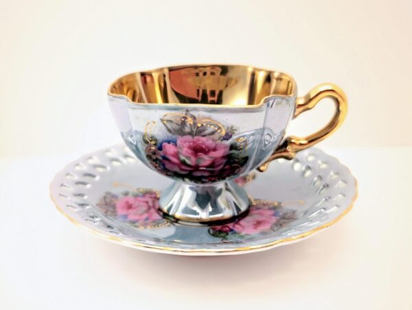 Vintage Royal Ainsley Blue Teacup & Saucer with Roses