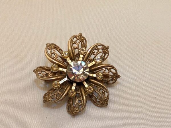 Vintage Gold Filigree Flower Brooch with Rhinestones