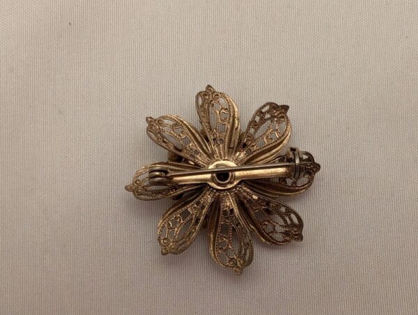 Vintage Gold Filigree Flower Brooch with Rhinestones