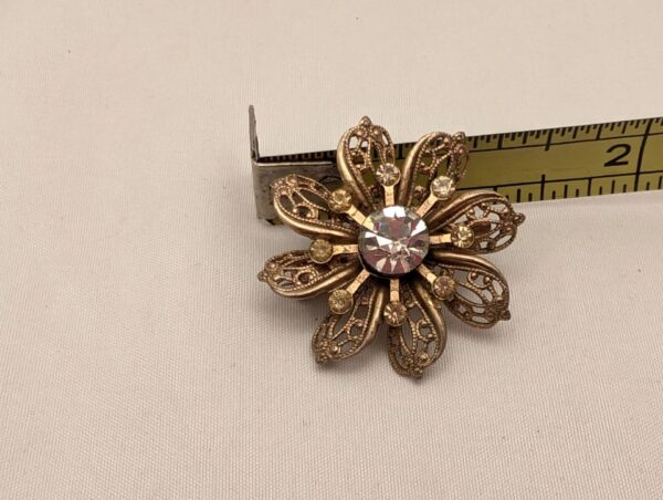 Vintage Gold Filigree Flower Brooch with Rhinestones