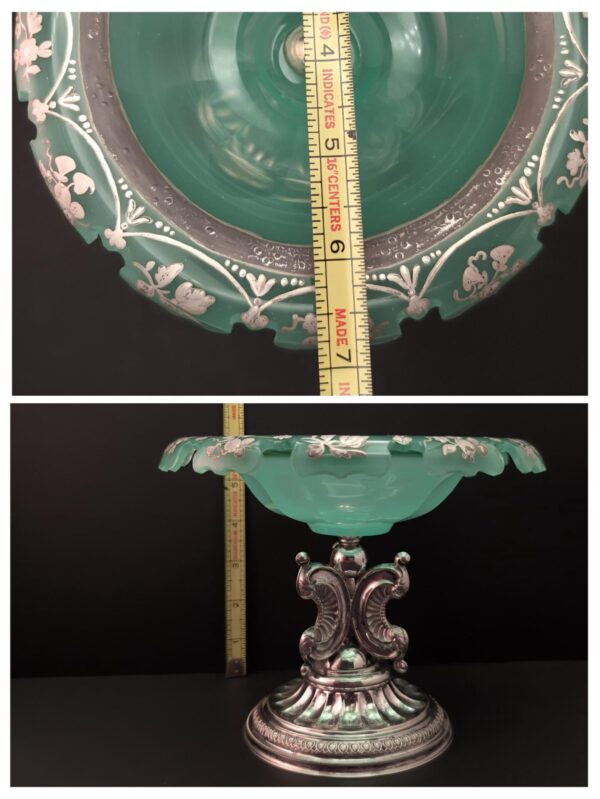 Uranium Glass & Silver Tazza Bowl, Continental Victorian Lobbed with Silver Pedestal Base