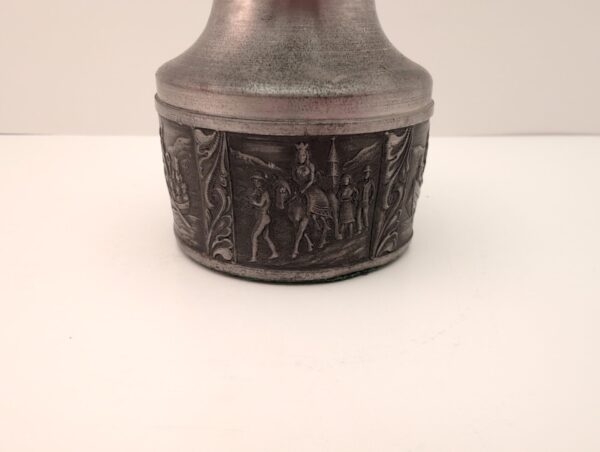 Silver pewter candlestick holder, Norway, engraved wedding procession