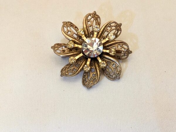 Vintage Gold Filigree Flower Brooch with Rhinestones