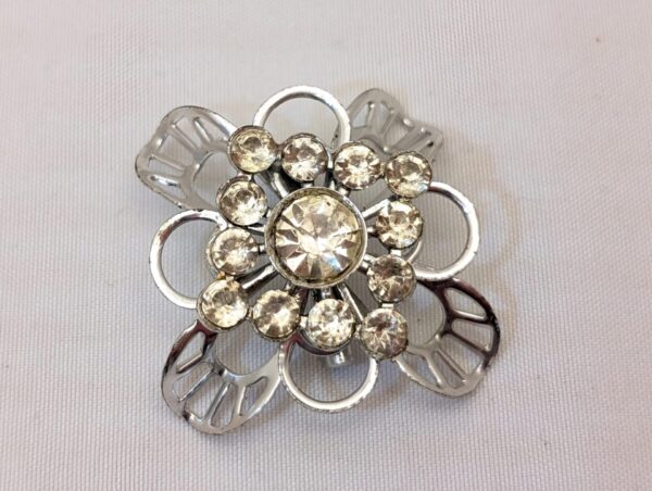 Vintage 70s Silver Brooch with Rhinestones