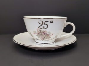 Lefton 25th Anniversary Teacup & Saucer - Silver Wedding Bells with Scrolls, Doves, Flowers