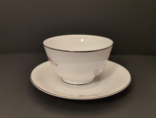 Lefton 25th Anniv. Teacup & Saucer - Silver Wedding Bells, Scrolls, Doves, Flowers