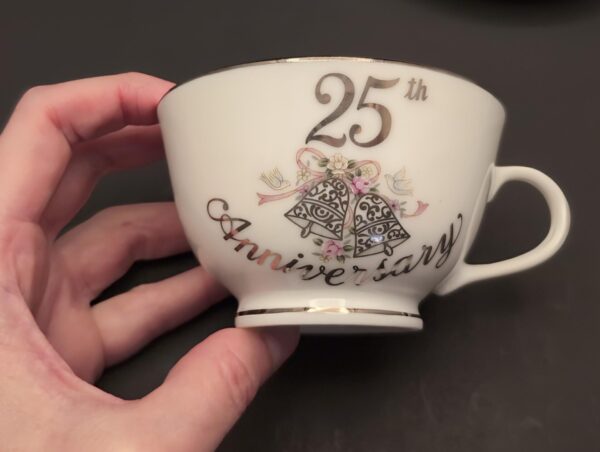 Lefton 25th Anniv. Teacup & Saucer - Silver Bells, Scrolls, Doves, Flowers