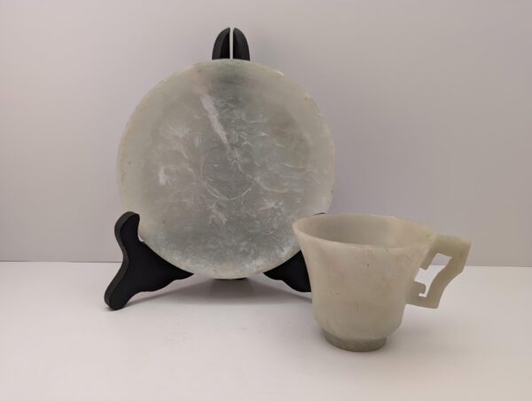 Antique jade demitasse cup & saucer, carved pattern, bird handle